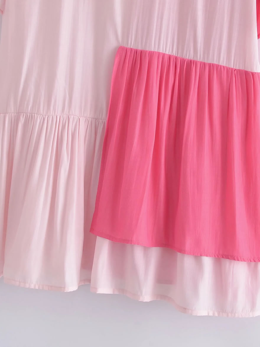 Fashion Pink And Rose Red Rayon Colorblock Lace Irregular Hem Shirt Dress,Mini & Short Dresses