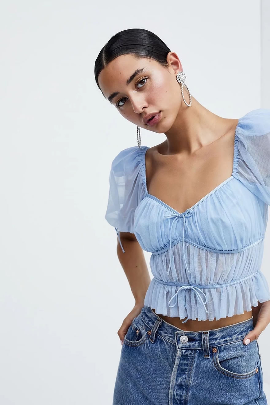 Fashion Blue Mesh V-neck Tie Puff Sleeve Cropped Top,Blouses
