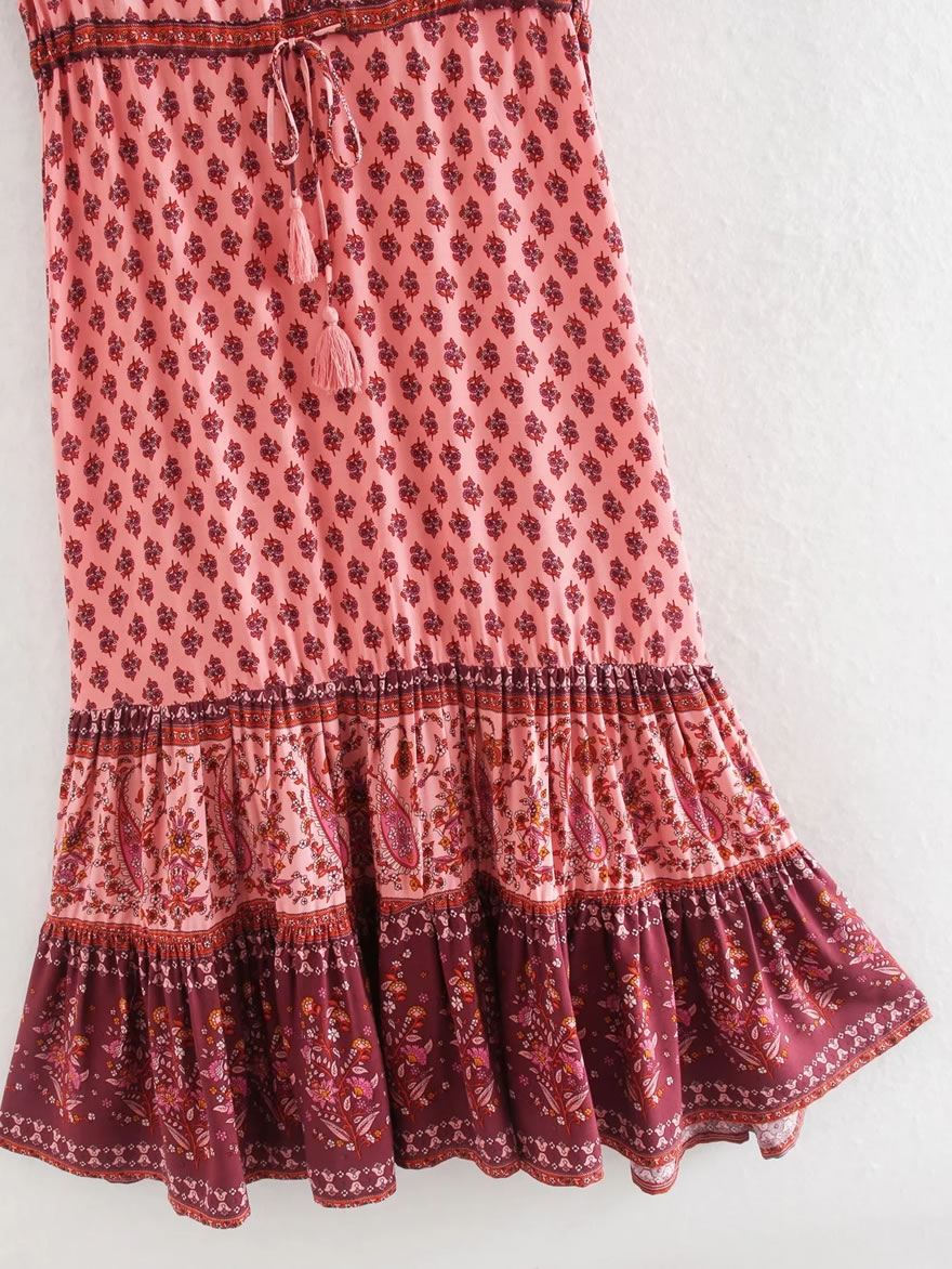 Fashion Pink V-neck Dress In Rayon Print,Long Dress