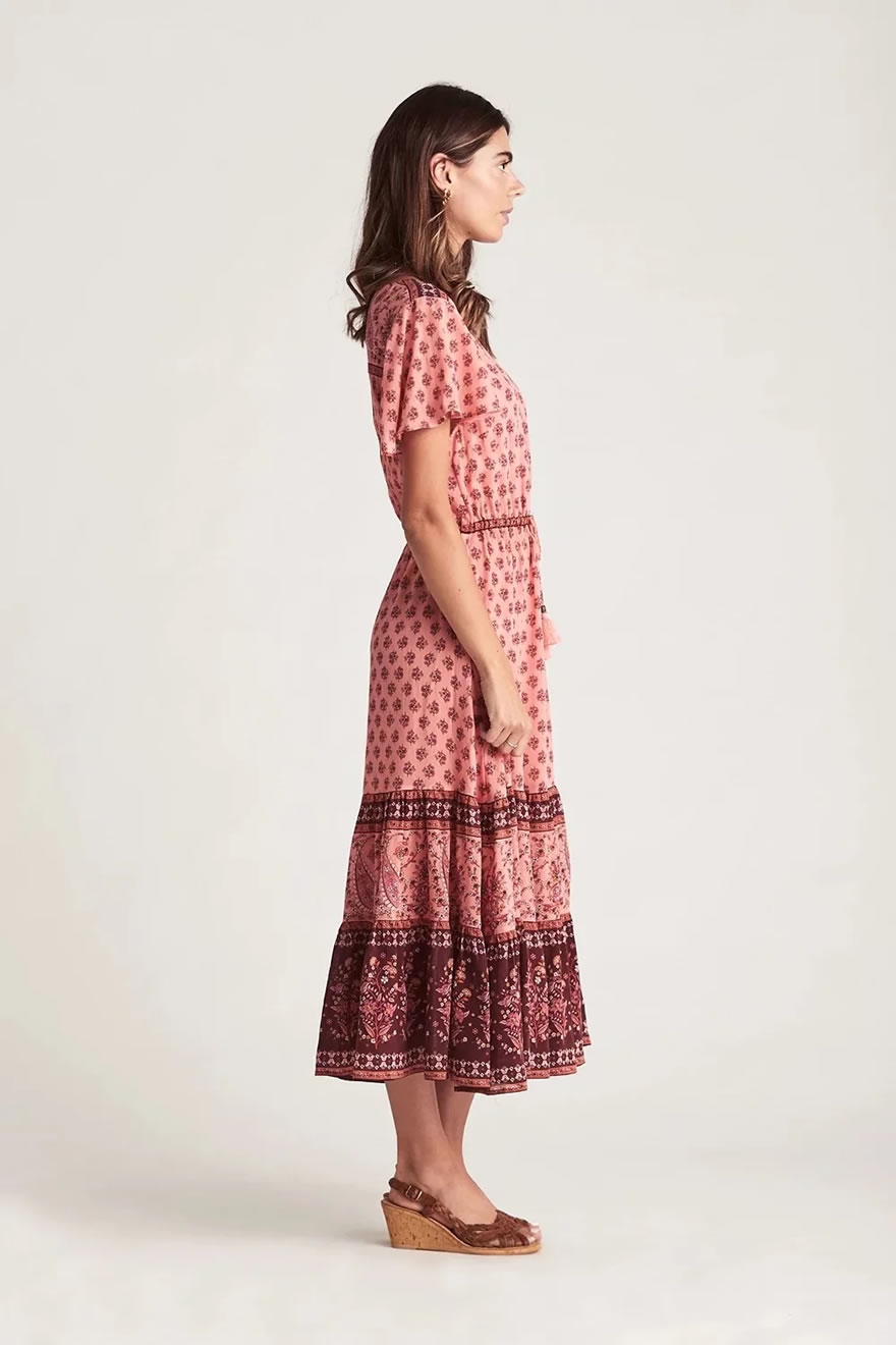 Fashion Pink V-neck Dress In Rayon Print,Long Dress