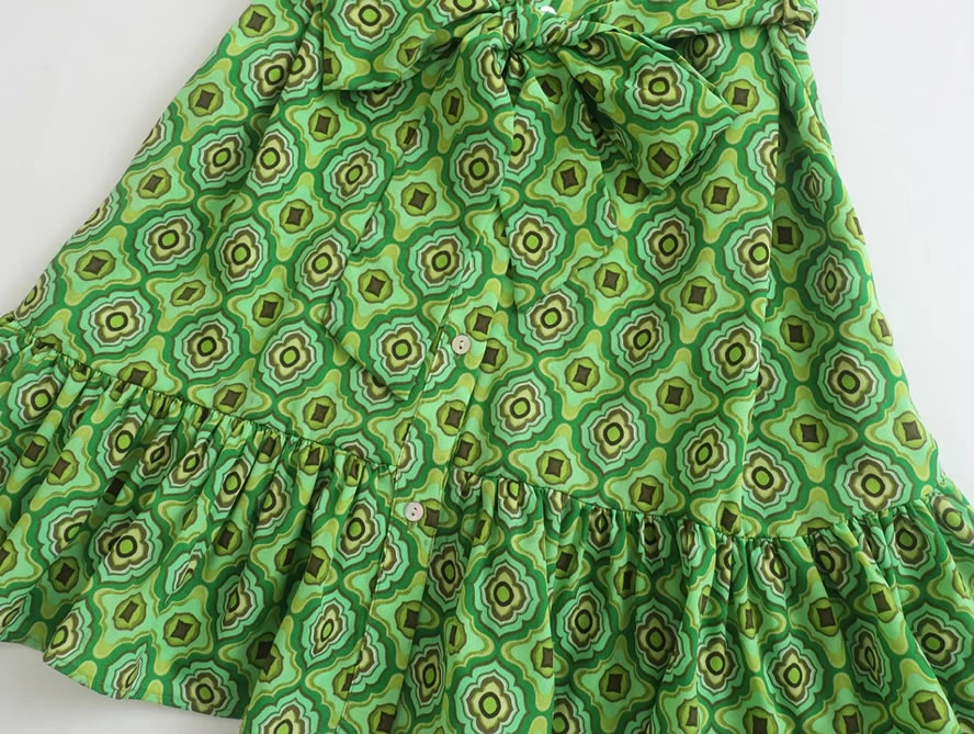 Fashion Green Printed Lace-up Button-down Dress,Mini & Short Dresses