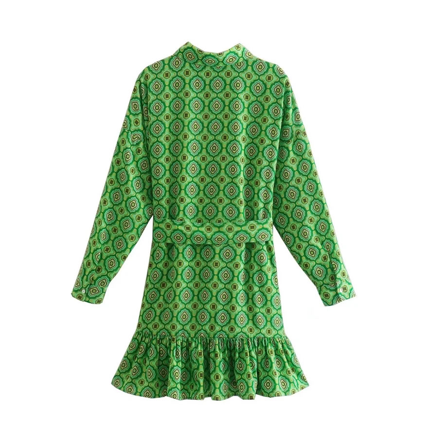 Fashion Green Printed Lace-up Button-down Dress,Mini & Short Dresses