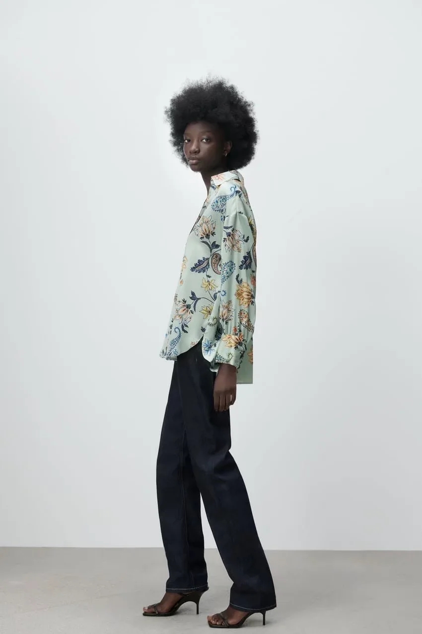 Fashion Green Silk-satin Print Lapel V-neck Shirt,Blouses