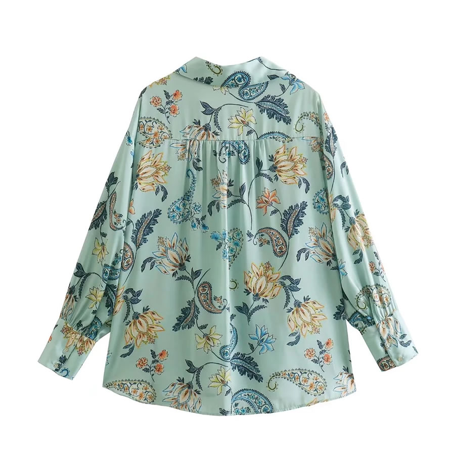Fashion Green Silk-satin Print Lapel V-neck Shirt,Blouses