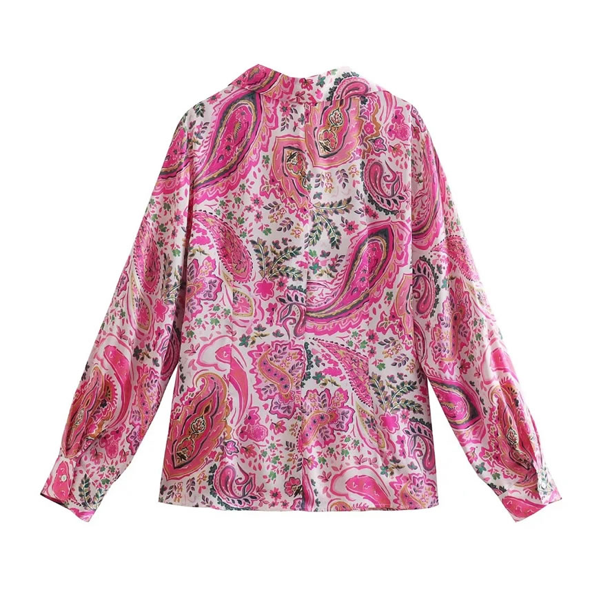 Fashion Pink Printed Lapel Button-down Shirt,Blouses