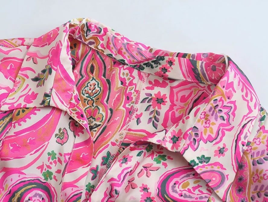 Fashion Pink Printed Lapel Button-down Shirt,Blouses