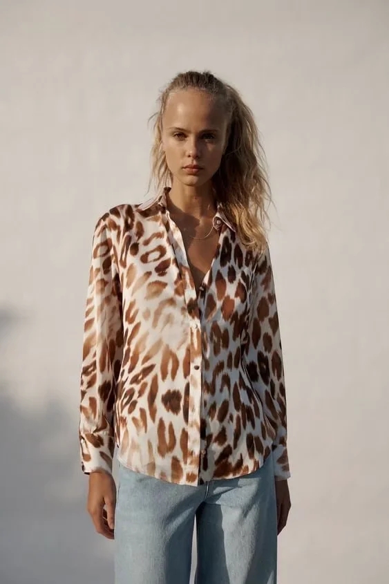 Fashion Leopard Print Leopard-breasted Lapel Shirt,Blouses