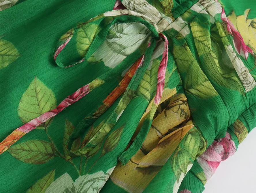 Fashion Green Printed V-neck Layered Dress,Mini & Short Dresses