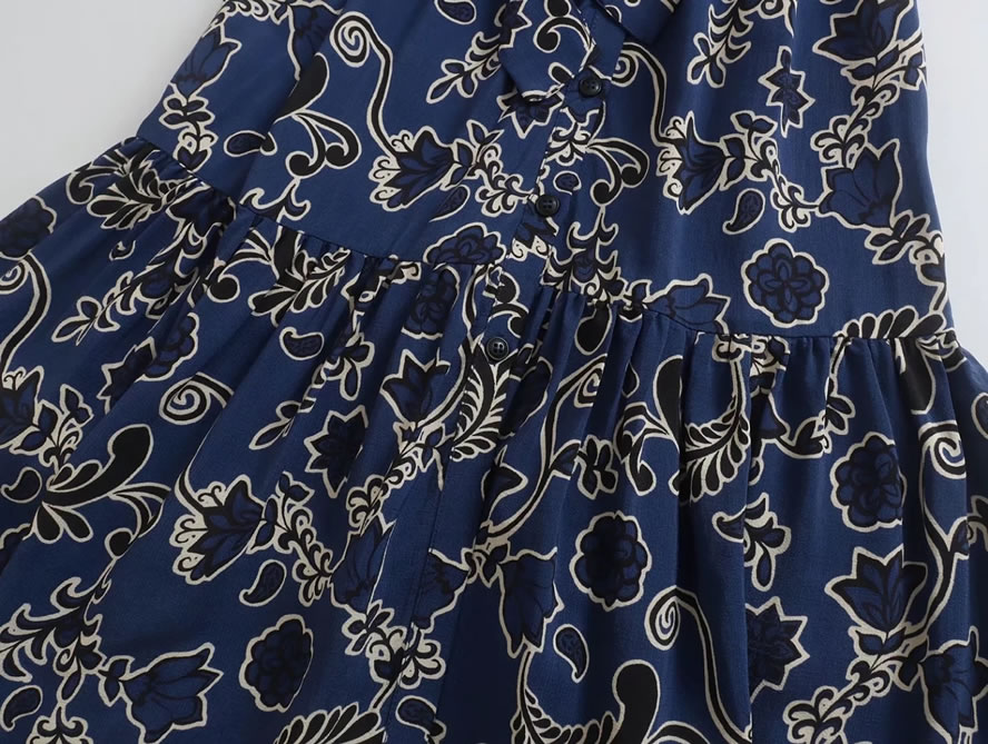 Fashion Blue Printed Lace-up Dress,Long Dress