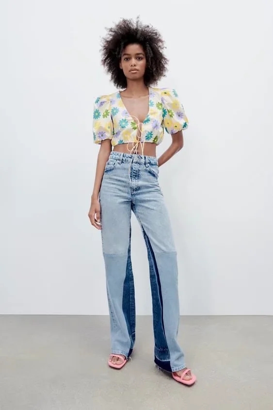 Fashion Yellow Printed V-neck Tie Puff Sleeve Cropped Top,Blouses