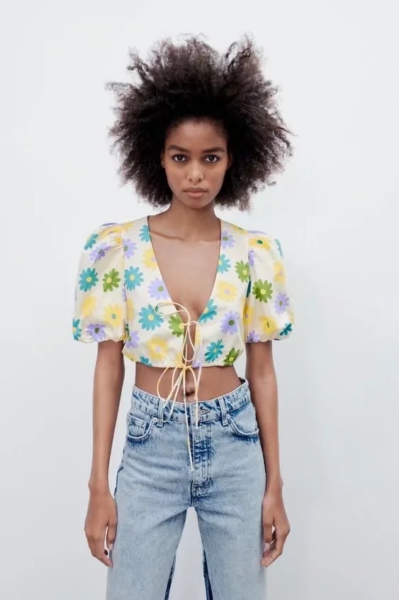 Fashion Yellow Printed V-neck Tie Puff Sleeve Cropped Top,Blouses