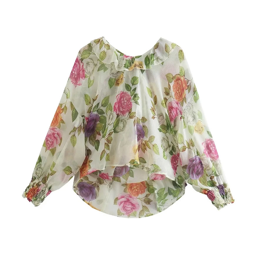 Fashion Yellow Printed Layered Puff Sleeve Top,Blouses