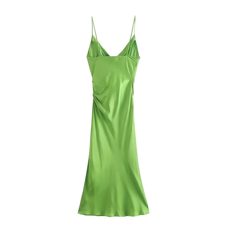 Fashion Green Slightly Pleated V-neck Slip Dress,Long Dress