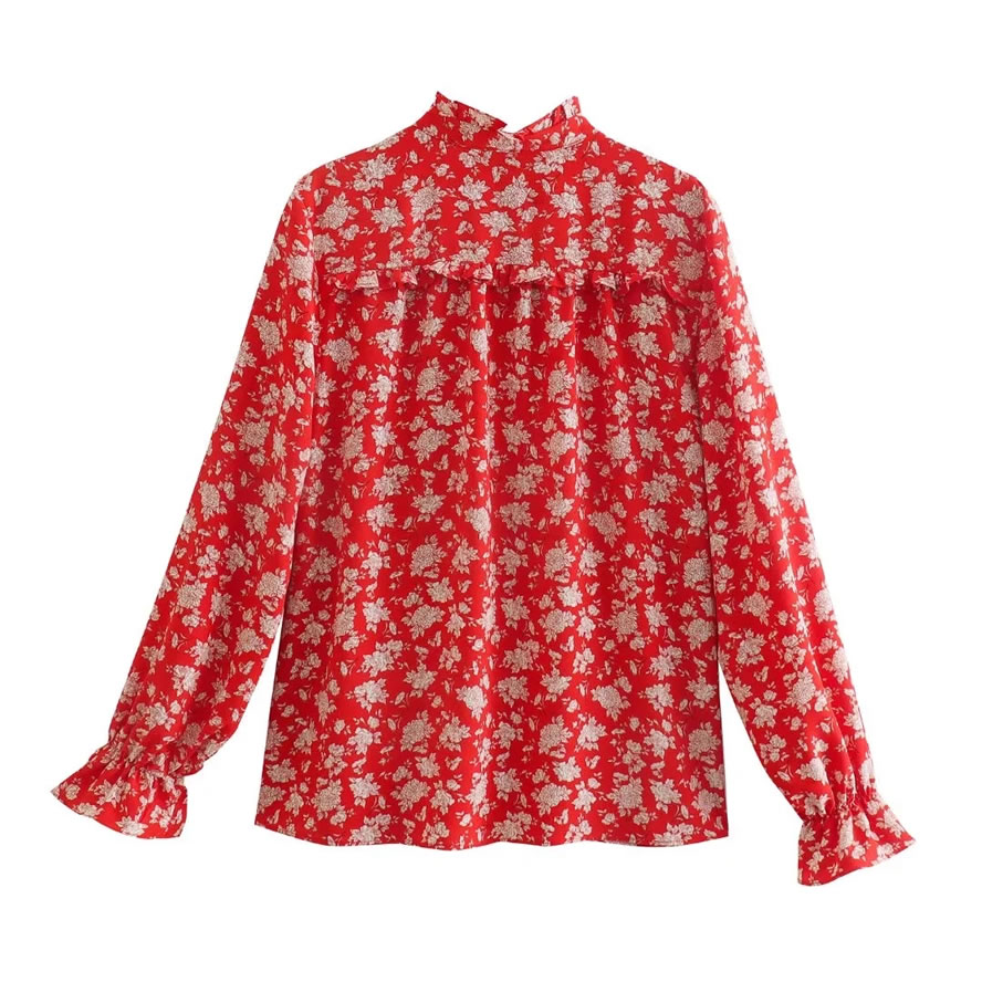 Fashion Red Printed Neck Tie Shirt,Blouses