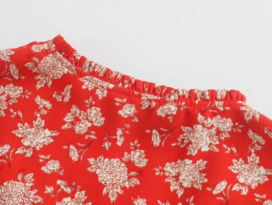 Fashion Red Printed V-neck Waist Dress,Long Dress