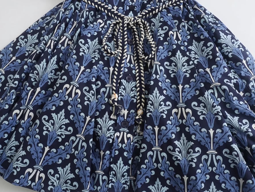 Fashion Blue Printed Lapel Tie Dress,Mini & Short Dresses