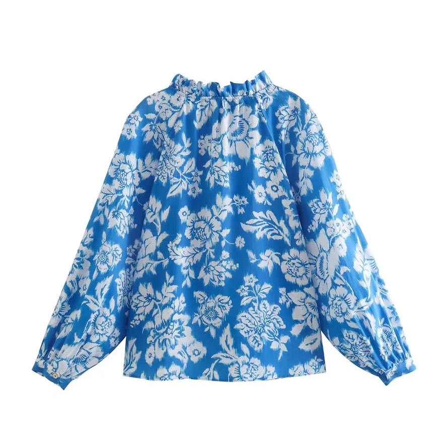 Fashion Blue Printed Stand-neck Tie Puff Sleeve Top,Blouses