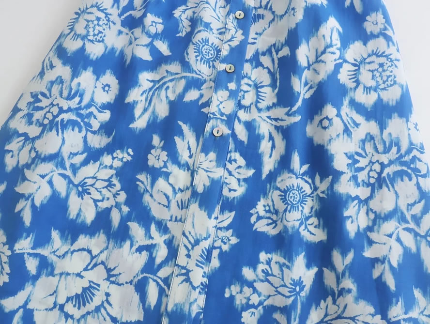 Fashion Blue Printed Lapel Lace-up Dress,Long Dress