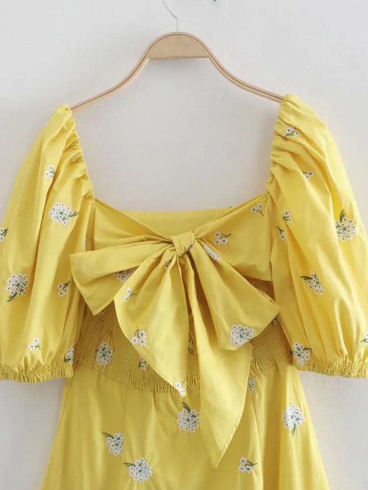 Fashion Yellow Printed Square Neck Puff Sleeve Bow Dress,Long Dress