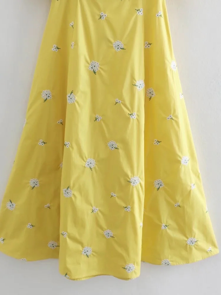 Fashion Yellow Printed Square Neck Puff Sleeve Bow Dress,Long Dress