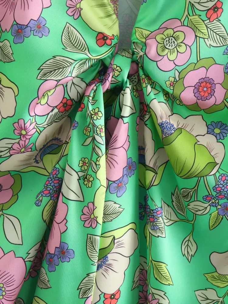 Fashion Green Silk Satin Print V-new Dress,Mini & Short Dresses