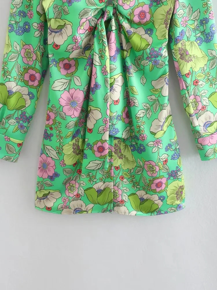 Fashion Green Silk Satin Print V-new Dress,Mini & Short Dresses