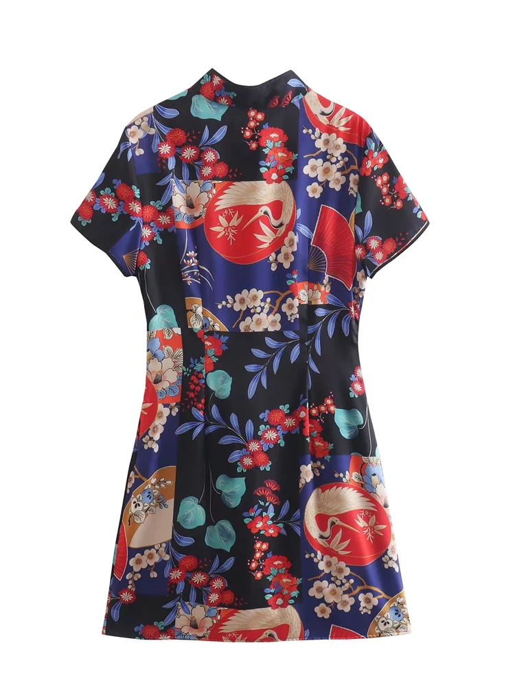 Fashion Color Silk-satin Print Corded Dress,Mini & Short Dresses