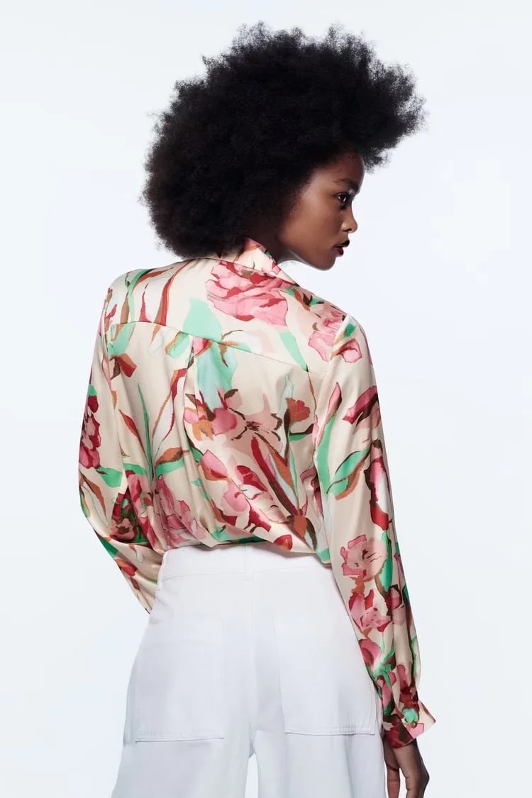 Fashion Color Satin-print V-neck Lapel Shirt,Blouses