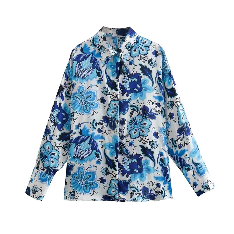Fashion Blue Printed Lapel Button-down Shirt,Blouses