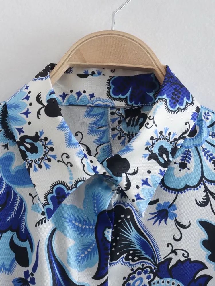 Fashion Blue Printed Lapel Button-down Shirt,Blouses