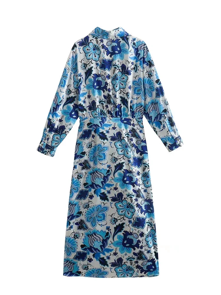 Fashion Blue Printed V-bow Tie Slit Dress,Long Dress