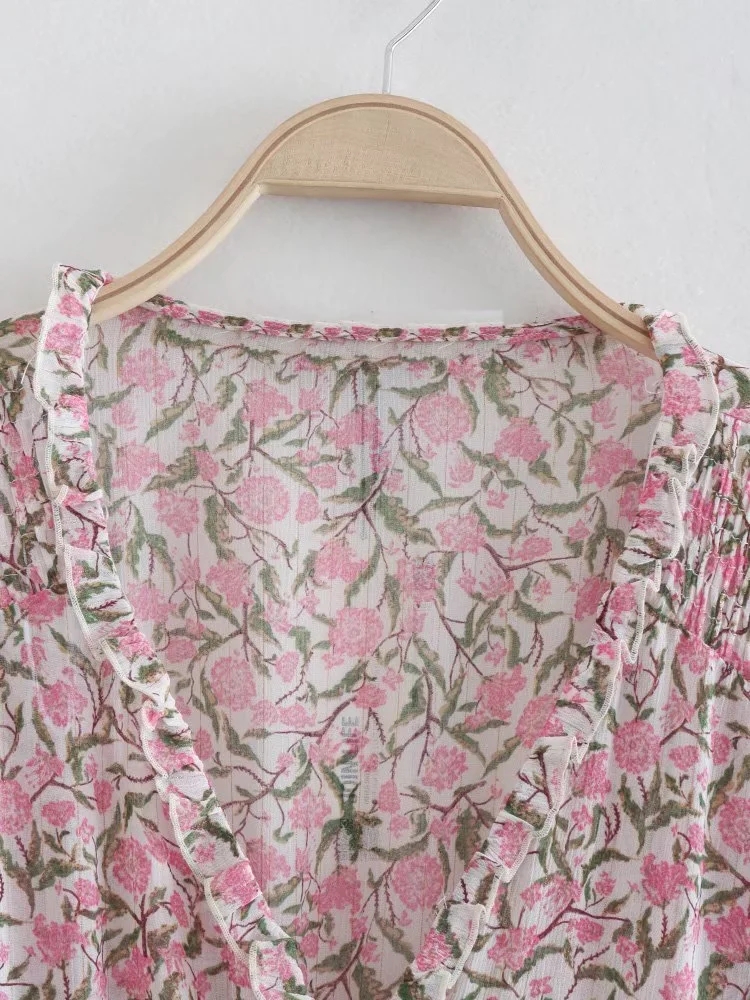 Fashion Pink Printed Neck Waist Layered V-neck Dress,Mini & Short Dresses