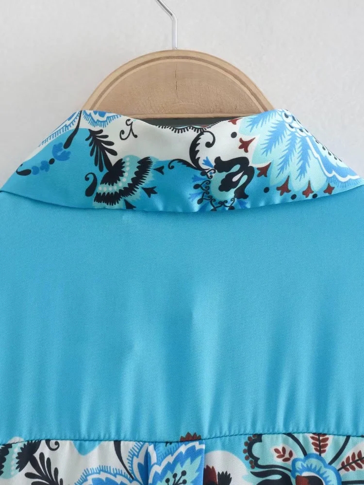 Fashion Blue+white Printed Lapel Button-down Shirt,Blouses