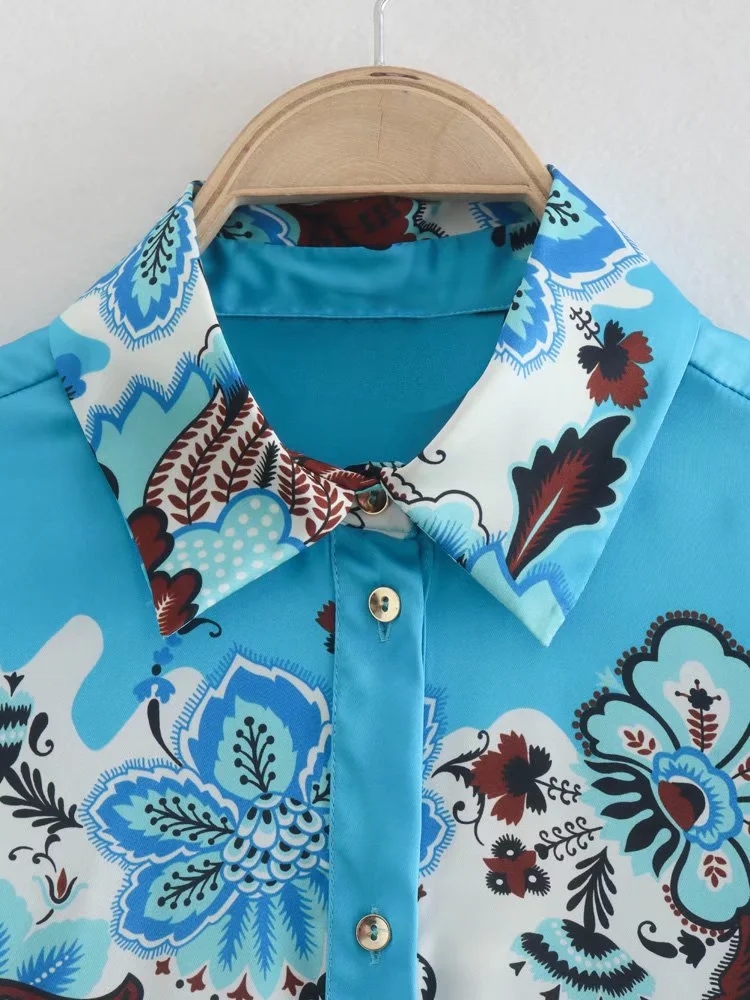 Fashion Blue+white Printed Lapel Button-down Shirt,Blouses