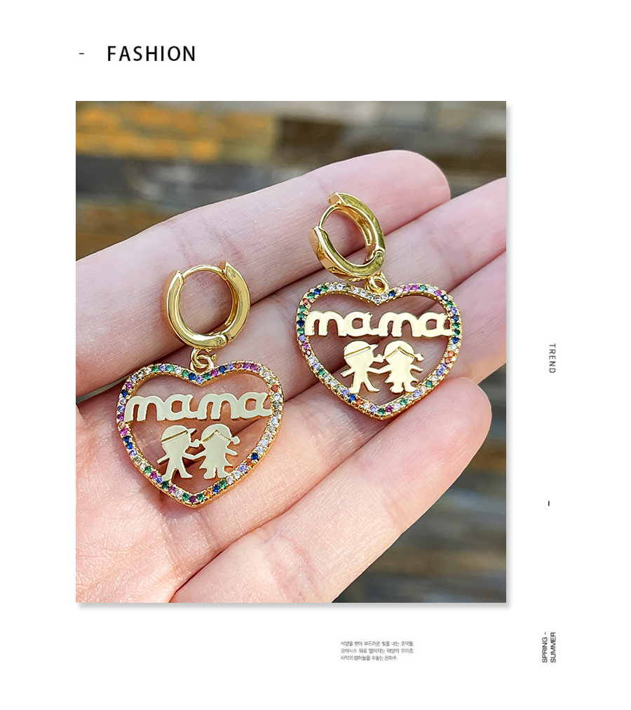 Fashion Gold-2 Brass Inlaid Zirconium Heart Letter Mama Boy Earrings,Earrings