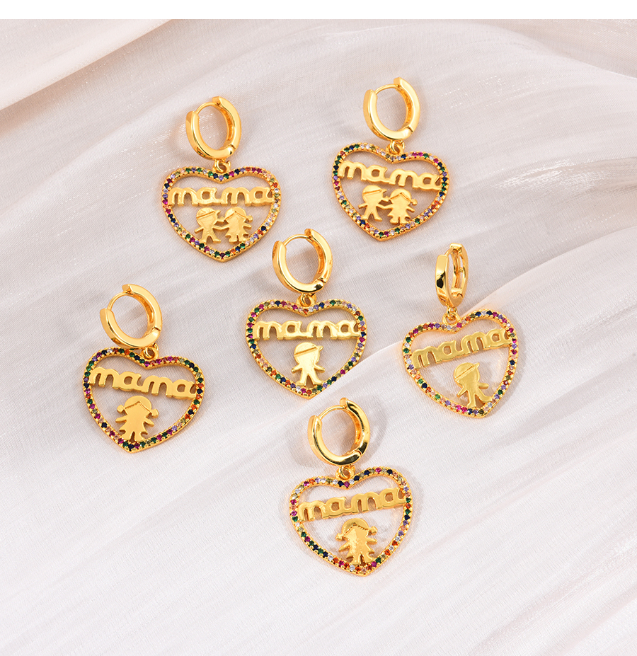 Fashion Gold-2 Brass Inlaid Zirconium Heart Letter Mama Boy Earrings,Earrings