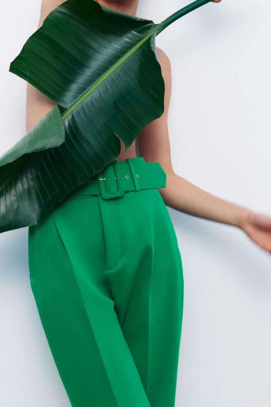 Fashion Green Woven Belt Straight-leg Trousers,Pants