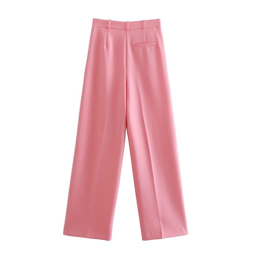 Fashion Pink Woven Micro Pleated Straight-leg Trousers,Pants