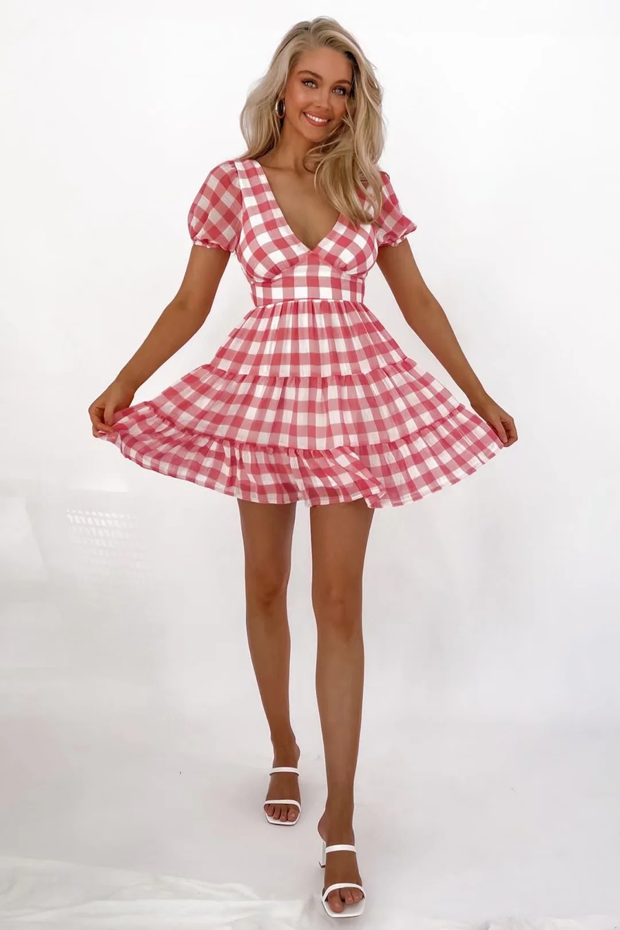 Fashion Pink Check V-neck Dress,Mini & Short Dresses