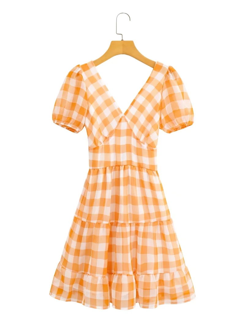 Fashion Orange Check V-neck Dress,Mini & Short Dresses