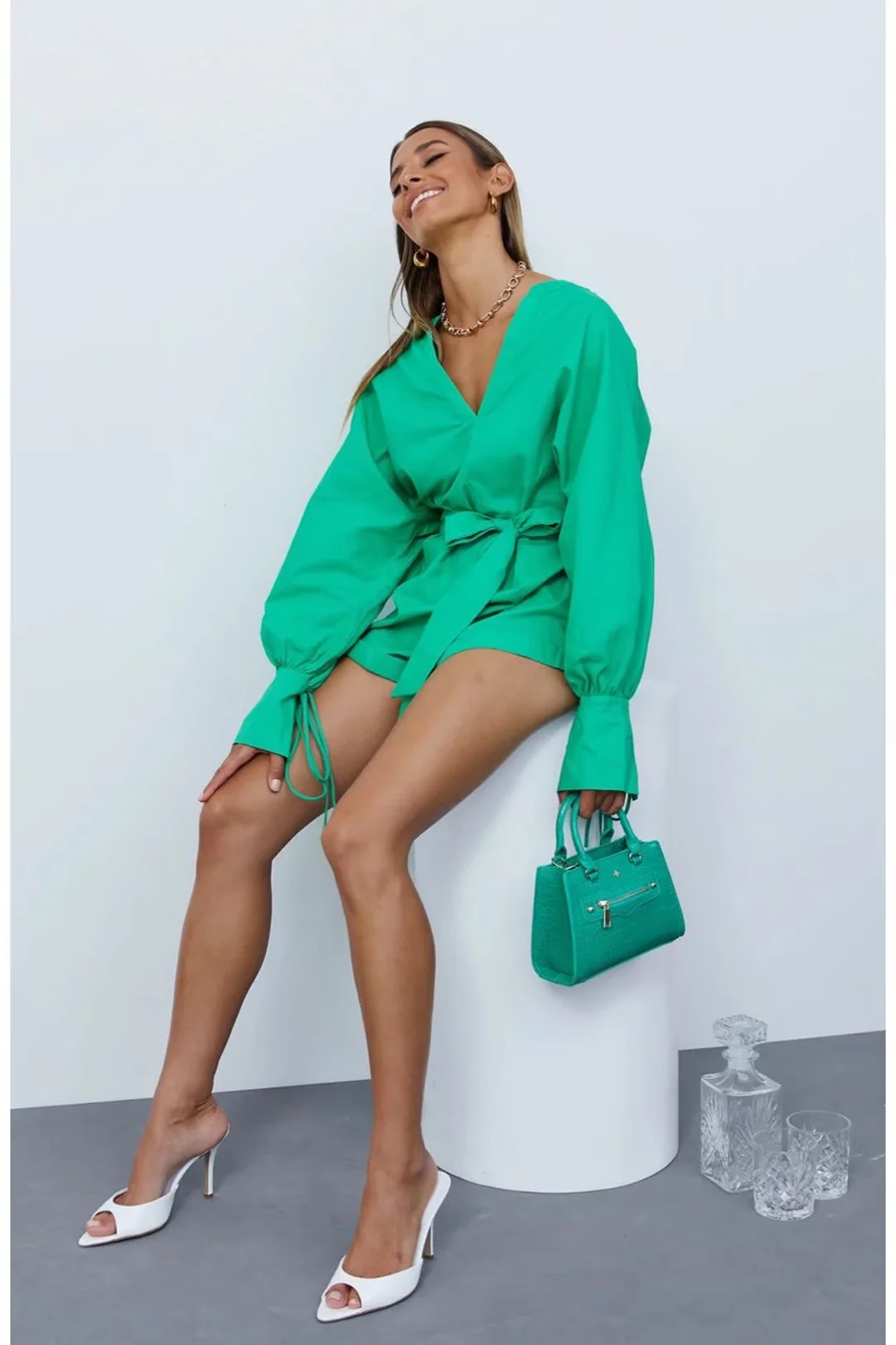 Fashion Green V-neck Strappy Playsuit,Blouses