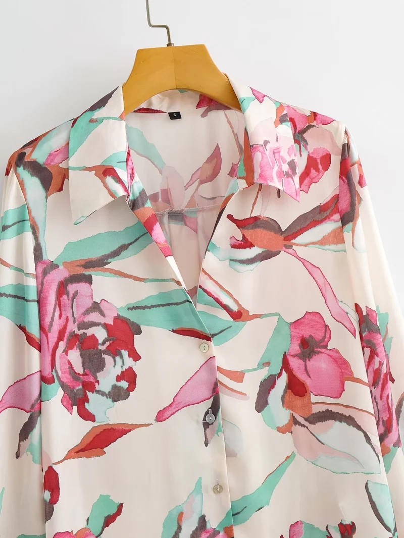Fashion Floral Satin-print Lapel V-neck Shirt,Blouses