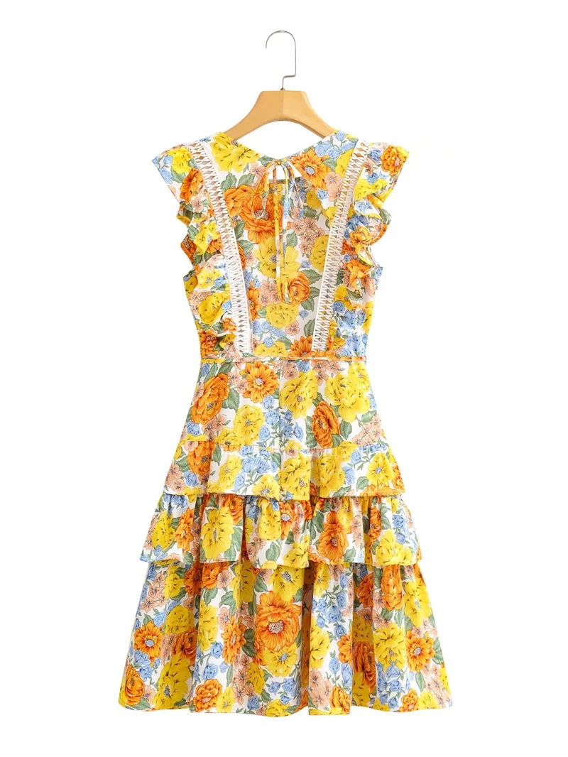 Fashion Yellow Flower Printed Crew Neck Sleeveless Dress,Mini & Short Dresses