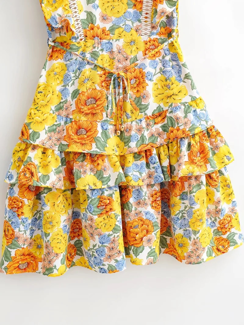 Fashion Yellow Flower Printed Crew Neck Sleeveless Dress,Mini & Short Dresses
