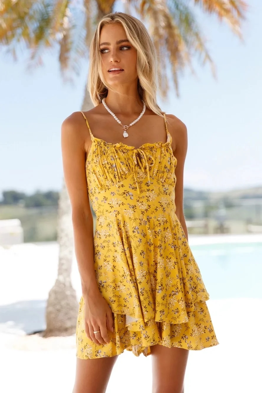 Fashion Yellow Printed Lace-up Layered Slip Dress,Mini & Short Dresses