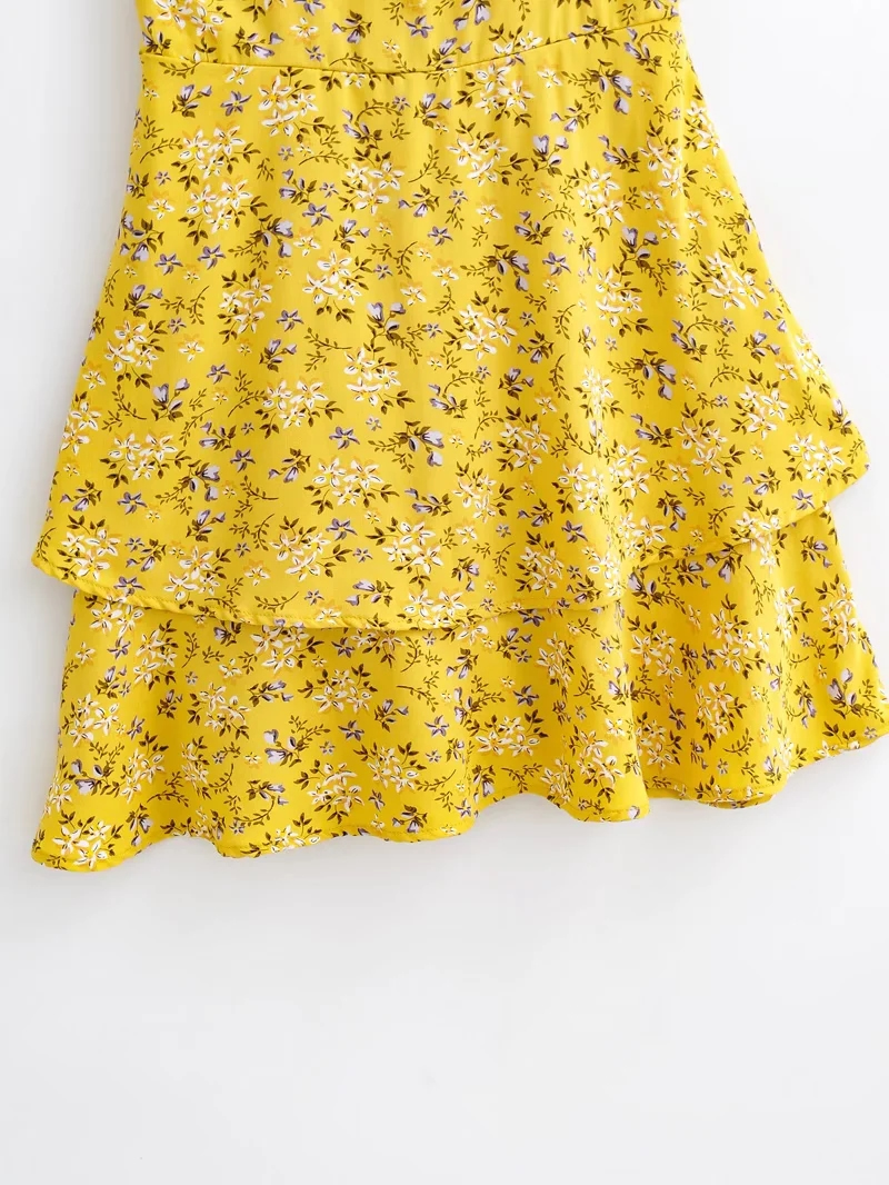 Fashion Yellow Printed Lace-up Layered Slip Dress,Mini & Short Dresses