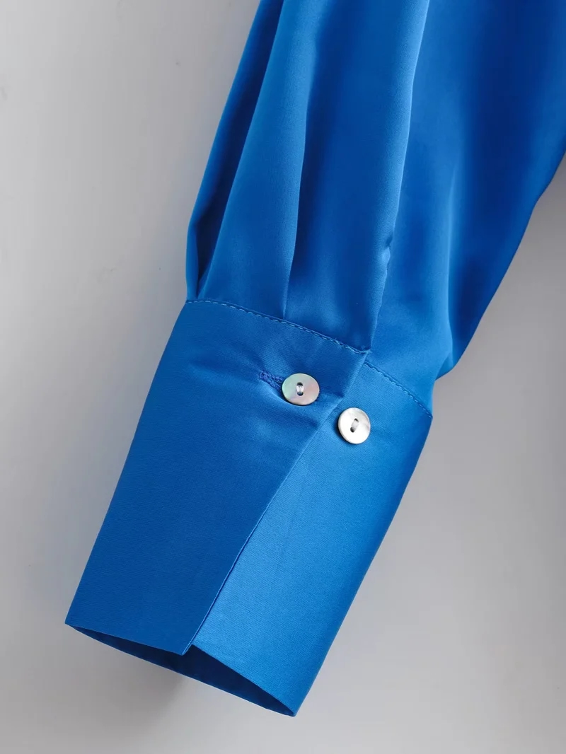 Fashion Blue Satin Lapel V-neck Shirt,Blouses