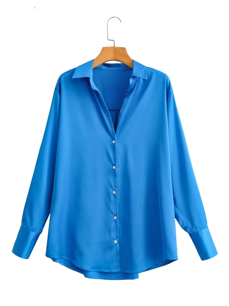 Fashion Royal Blue Satin Lapel V-neck Shirt,Blouses