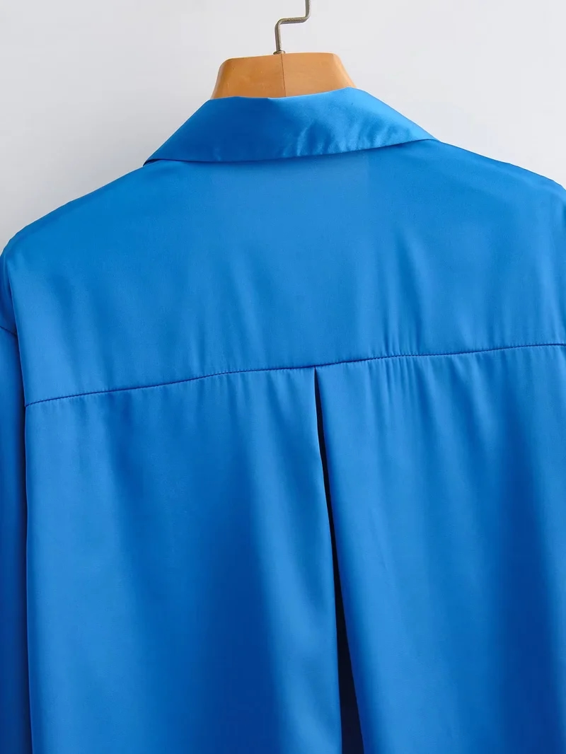 Fashion Royal Blue Satin Lapel V-neck Shirt,Blouses