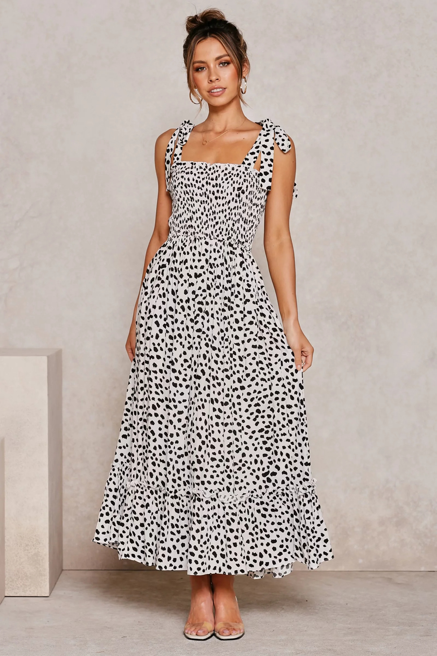Fashion Black Polka-dot Print Lace-up Dress,Long Dress